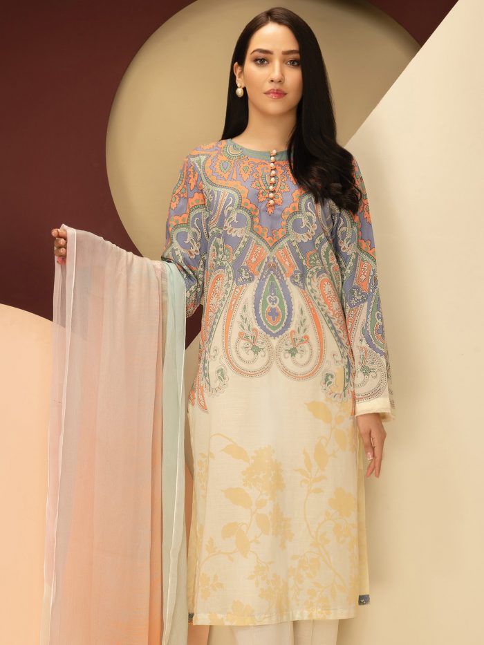 Lawn-Shirt and Chiffon Dupatta- Off White - Image 4
