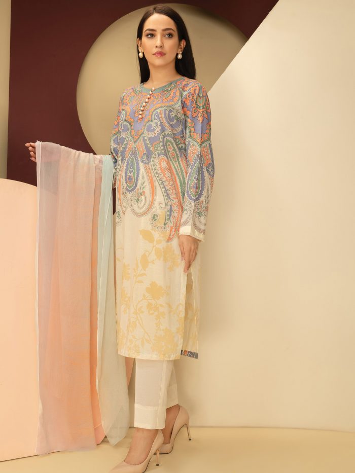 Lawn-Shirt and Chiffon Dupatta- Off White - Image 3