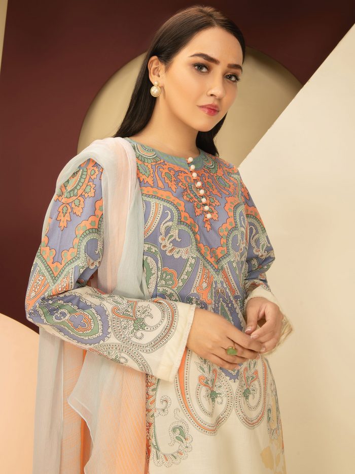Lawn-Shirt and Chiffon Dupatta- Off White - Image 5