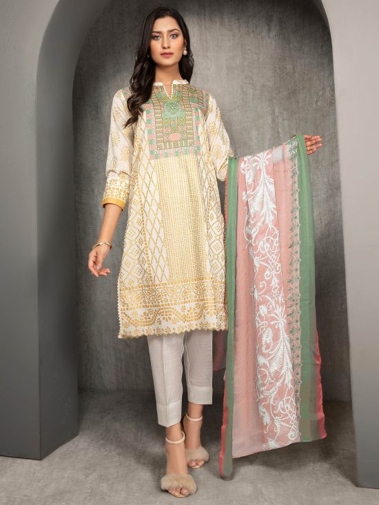 Lawn-Shirt and Chiffon Dupatta- Off White