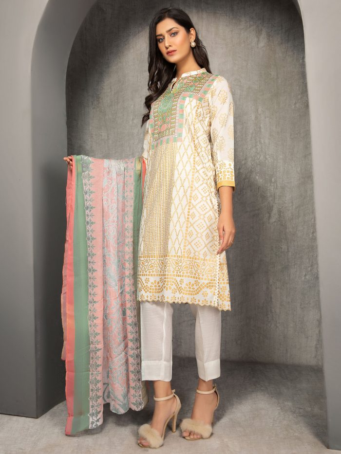 Lawn-Shirt and Chiffon Dupatta- Off White - Image 6