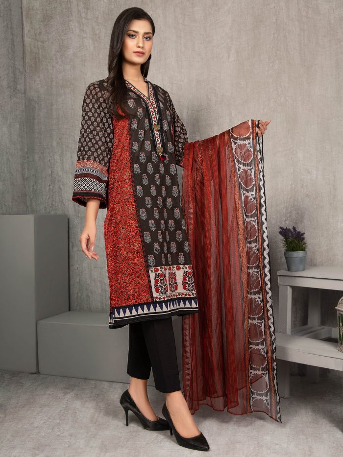 Lawn-Shirt and Chiffon Dupatta- Black - Image 3