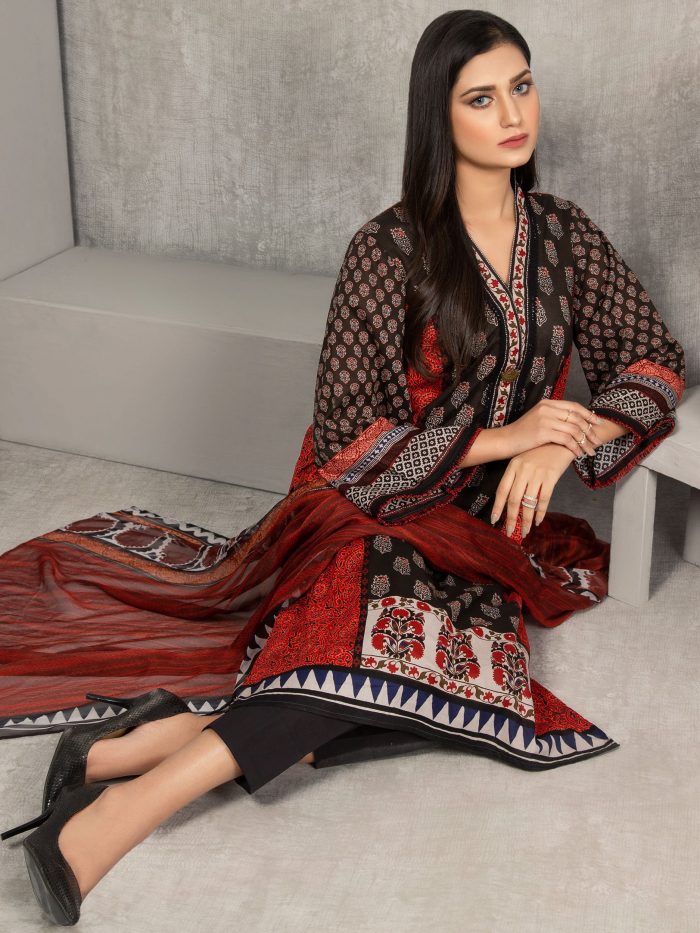 Lawn-Shirt and Chiffon Dupatta- Black - Image 2