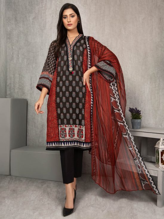 Lawn-Shirt and Chiffon Dupatta- Black