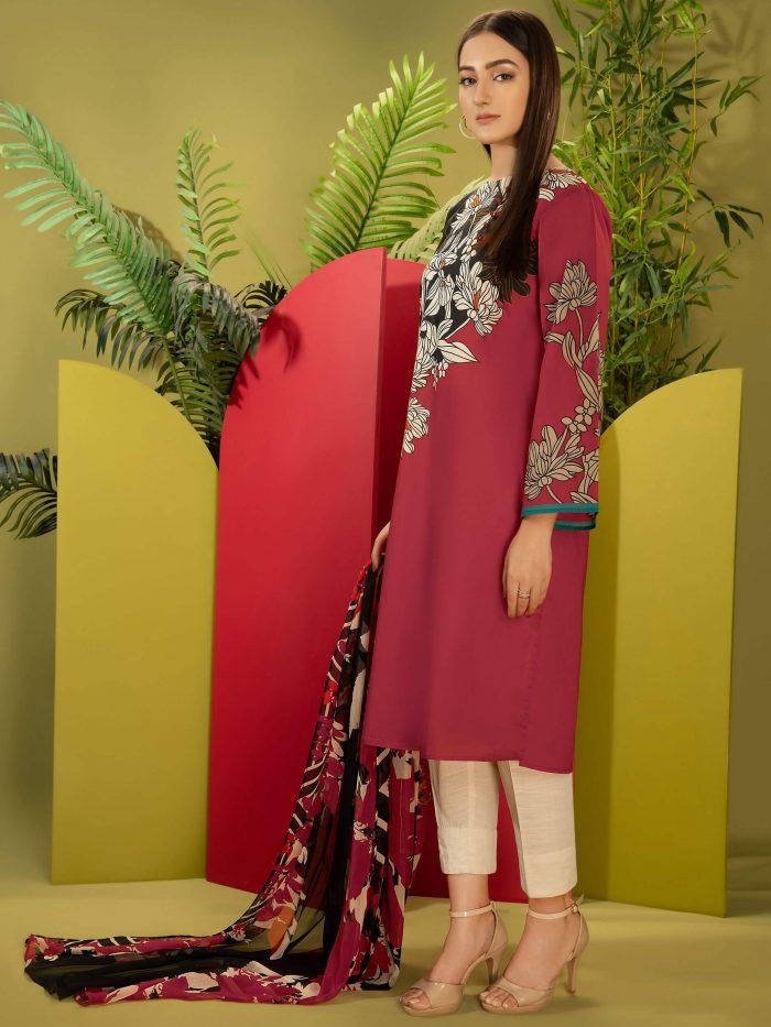 Cambric-Shirt Chiffon Duppata- Red - Image 3