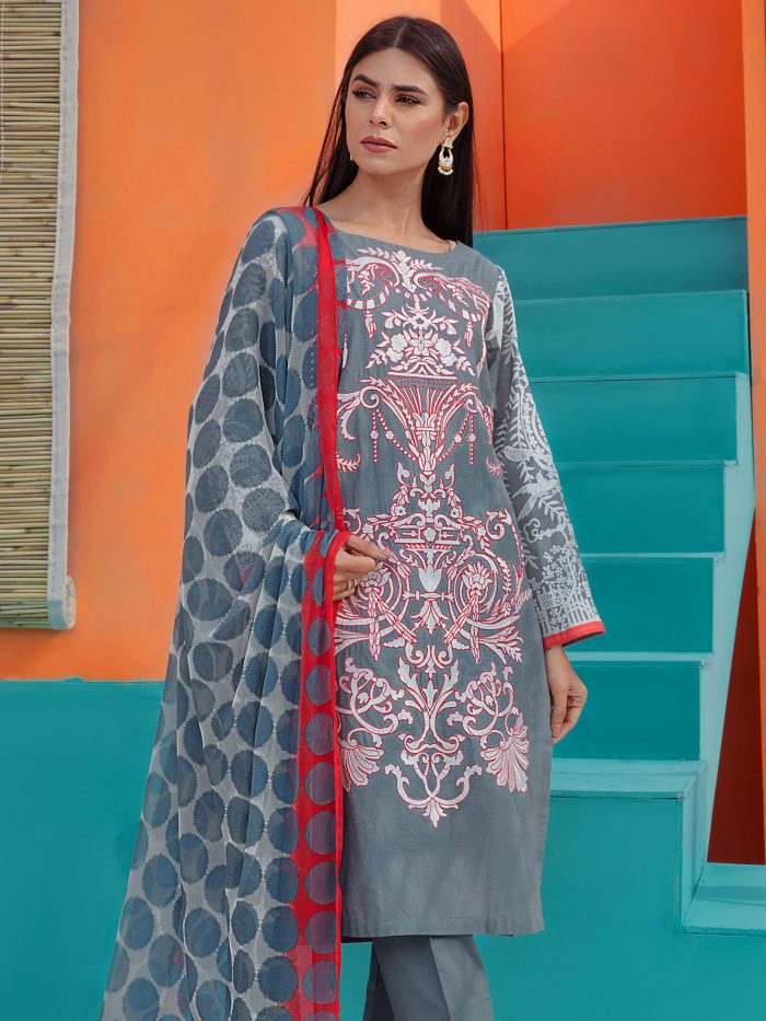 Embroidered Lawn-Shirt Chiffon Dupatta- Grey - Image 6