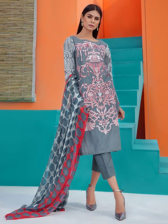 Embroidered Lawn-Shirt Chiffon Dupatta- Grey