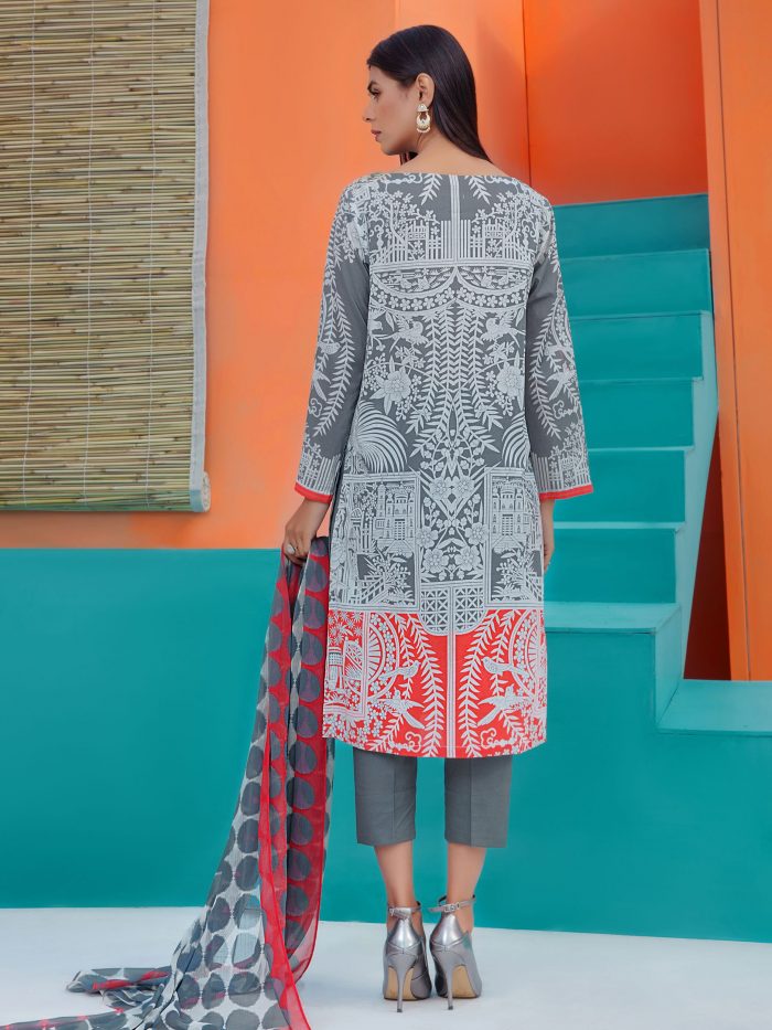 Embroidered Lawn-Shirt Chiffon Dupatta- Grey - Image 4