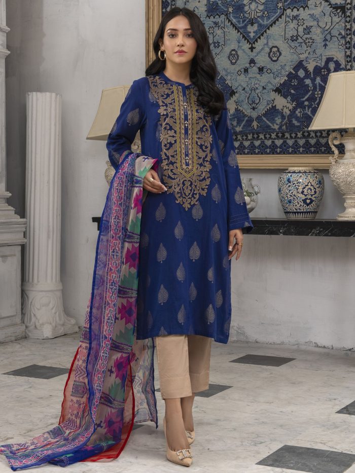 Embroidered Jacquard-Shirt Organza Dupatta-Royal Blue - Image 4