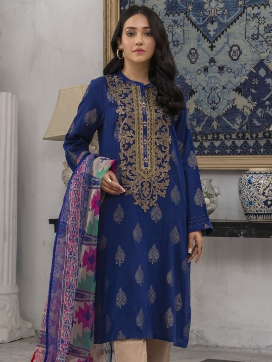 Embroidered Jacquard-Shirt Organza Dupatta-Royal Blue