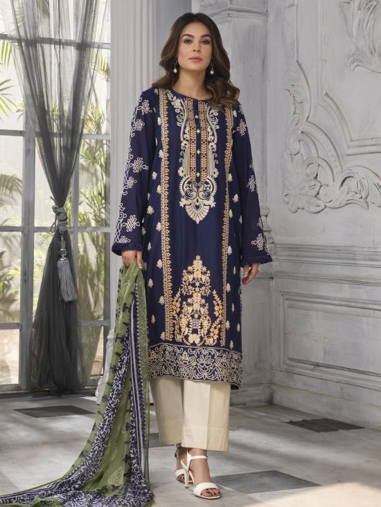 Embroidered Lawn-Shirt Chiffon Dupatta-Royal Blue