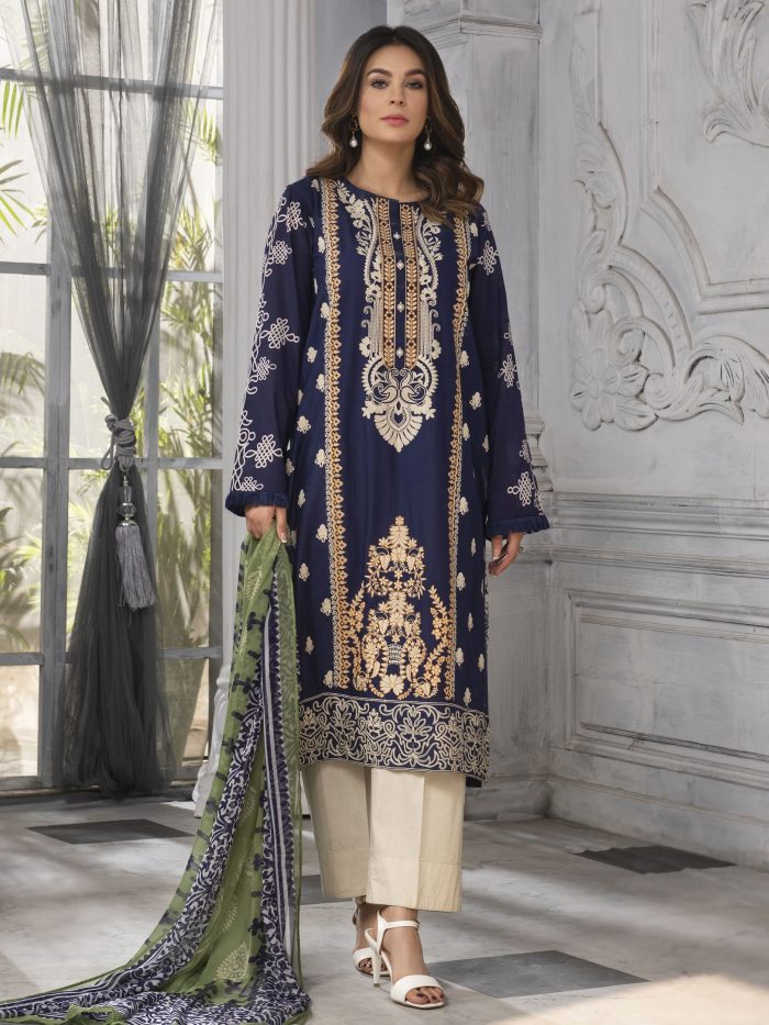 Embroidered Lawn-Shirt Chiffon Dupatta-Royal Blue