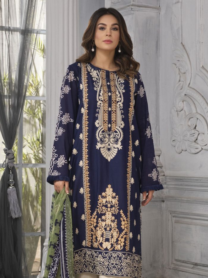 Embroidered Lawn-Shirt Chiffon Dupatta-Royal Blue - Image 5
