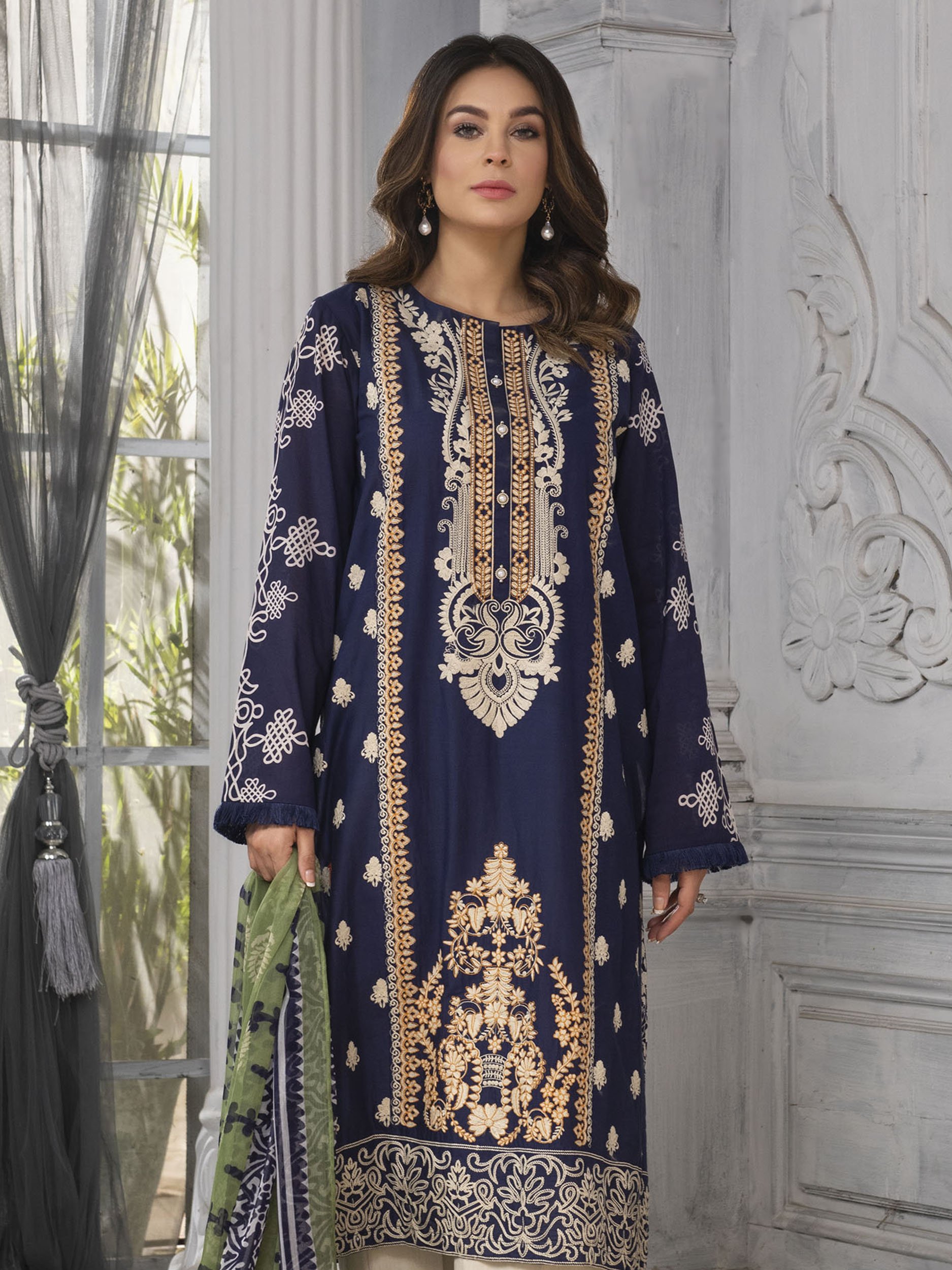 Embroidered Lawn-Shirt Chiffon Dupatta-Royal Blue – Aalees