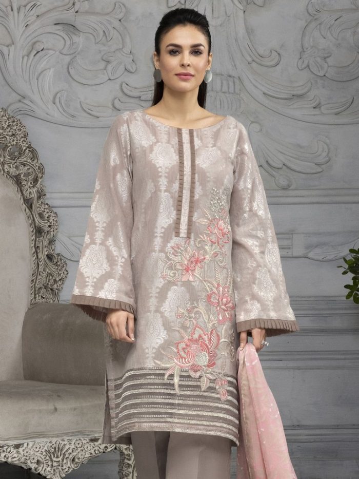 Embroidered jacquard Lawn-Shirt Silk Dupatta-Beige - Image 5