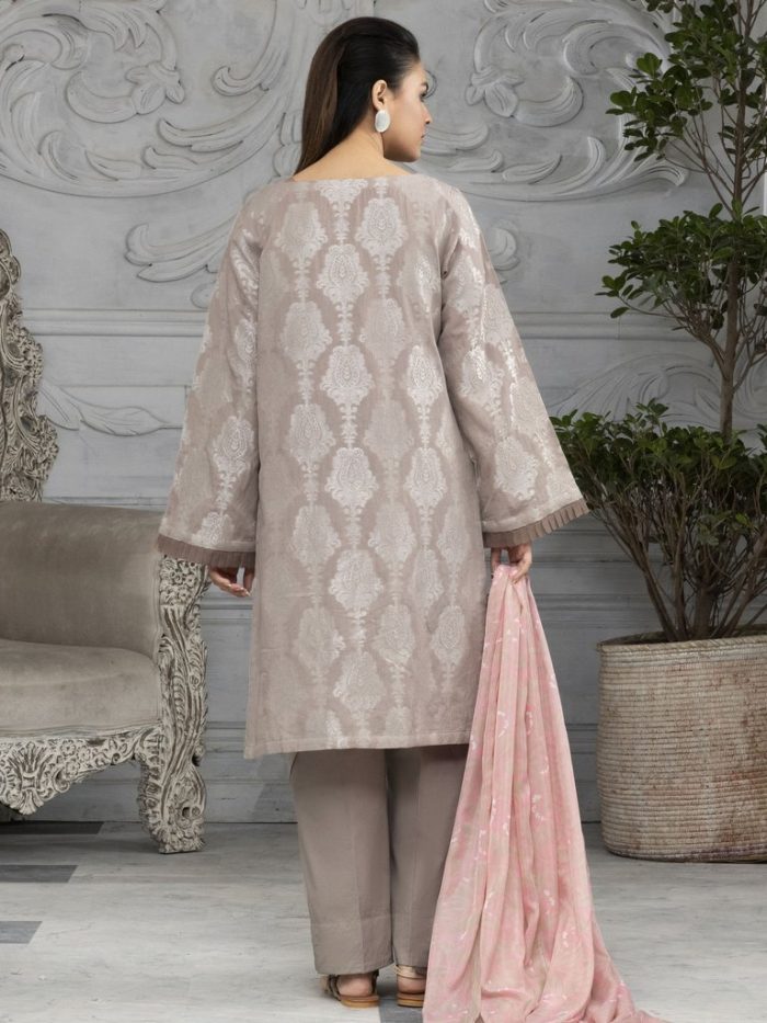 Embroidered jacquard Lawn-Shirt Silk Dupatta-Beige - Image 4