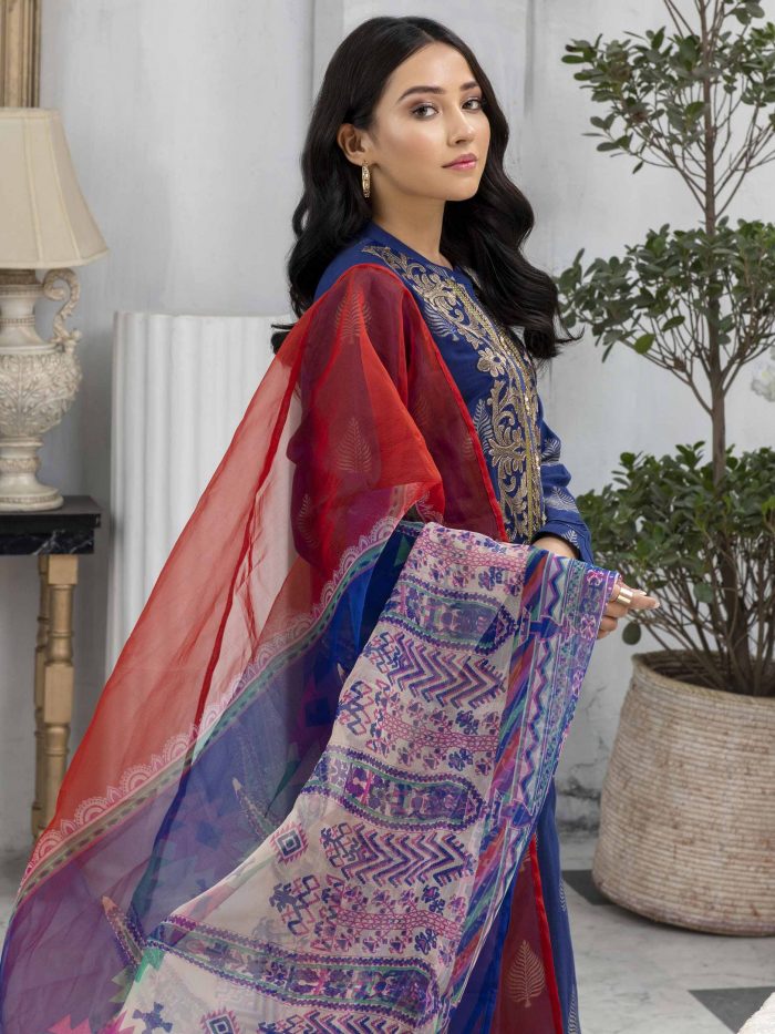 Embroidered Jacquard-Shirt Organza Dupatta-Royal Blue - Image 7