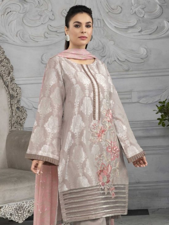 Embroidered jacquard Lawn-Shirt Silk Dupatta-Beige