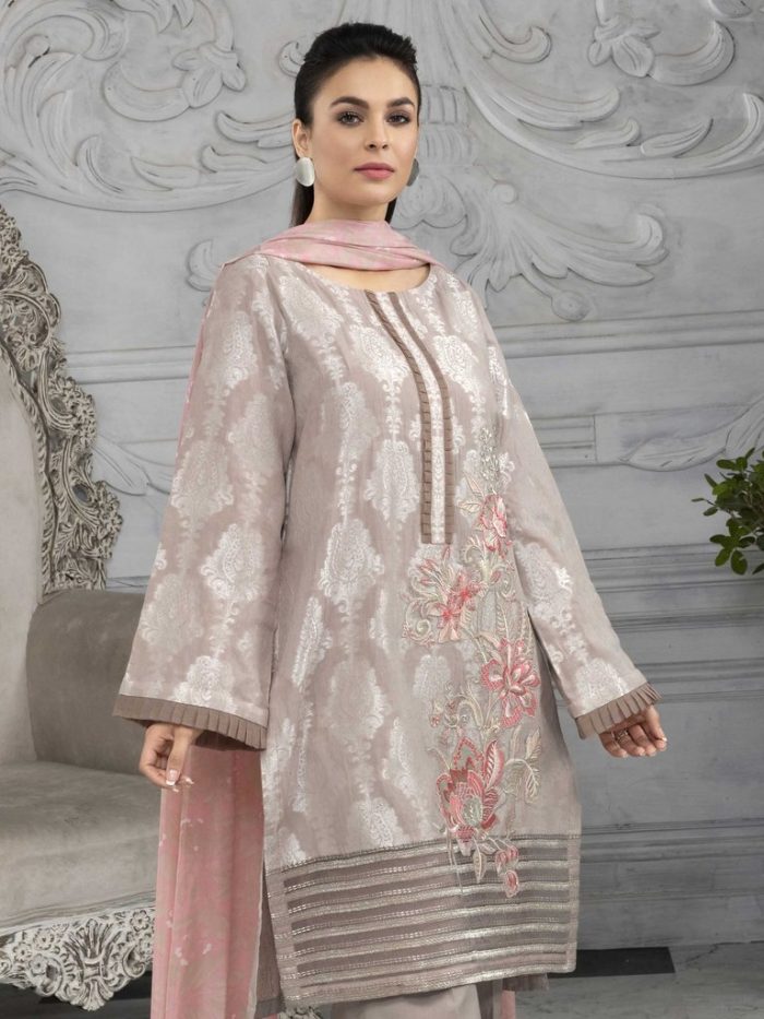 Embroidered jacquard Lawn-Shirt Silk Dupatta-Beige