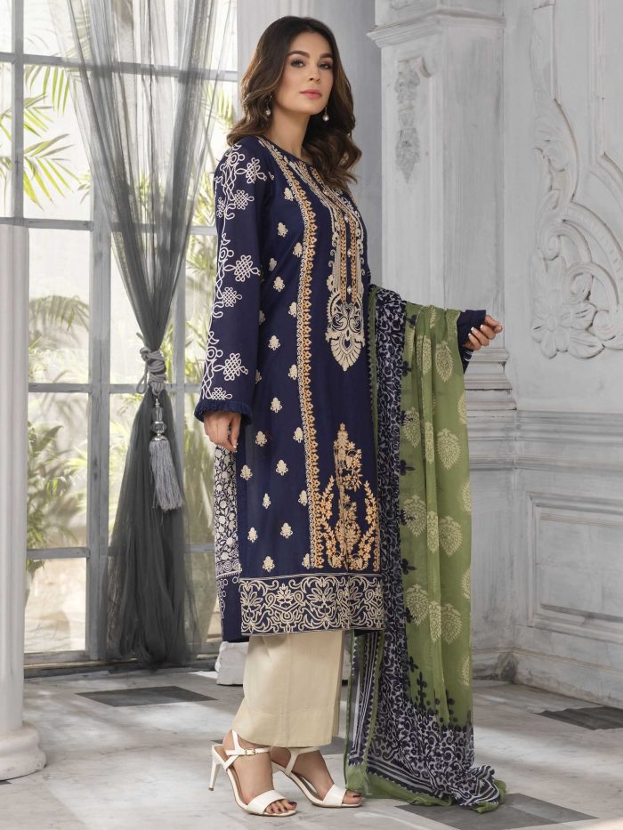 Embroidered Lawn-Shirt Chiffon Dupatta-Royal Blue - Image 4