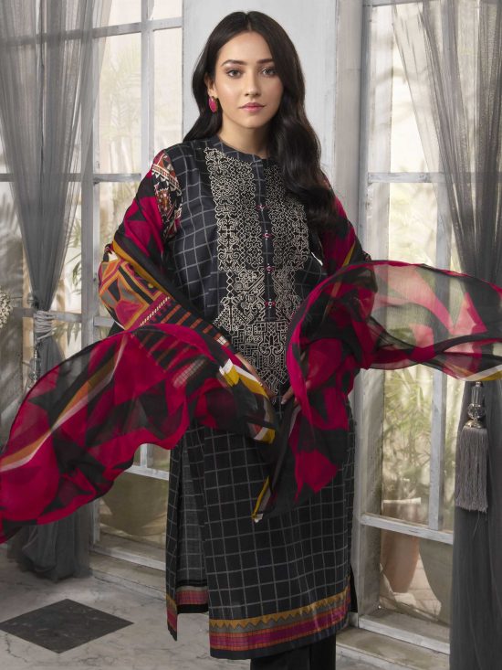 Embroidered Lawn-Shirt Chiffon Dupatta-Black