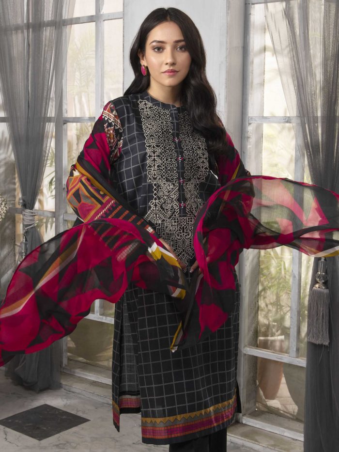 Embroidered Lawn-Shirt Chiffon Dupatta-Black
