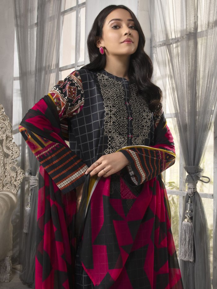 Embroidered Lawn-Shirt Chiffon Dupatta-Black - Image 6