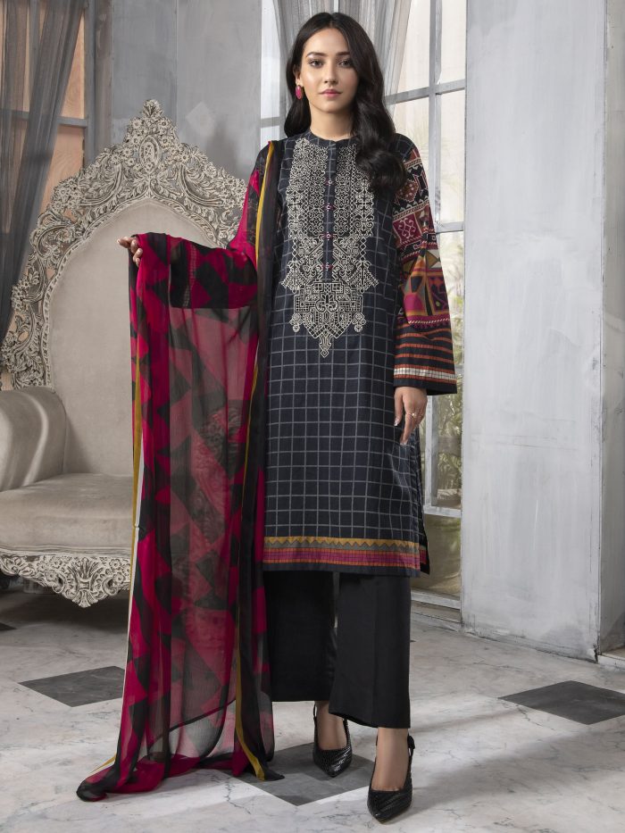 Embroidered Lawn-Shirt Chiffon Dupatta-Black - Image 5
