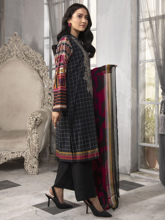 Embroidered Lawn-Shirt Chiffon Dupatta-Black - Image 3