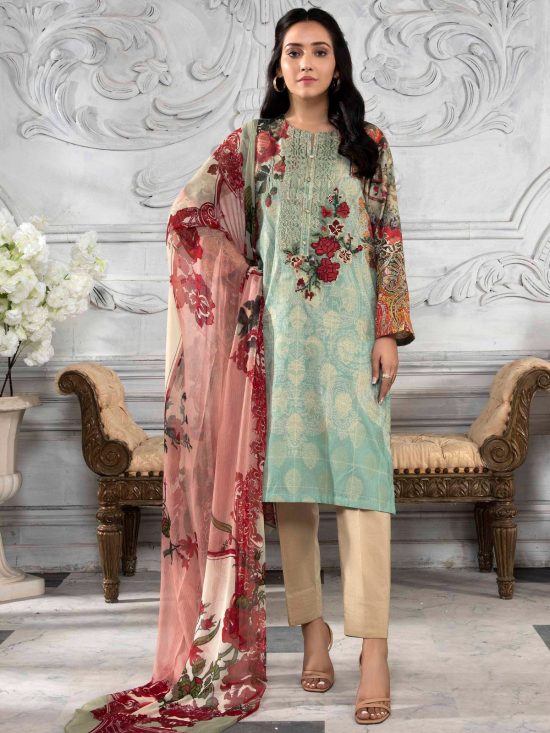 Embroidered jacquard Lawn-Shirt Chiffon Dupatta-Blue