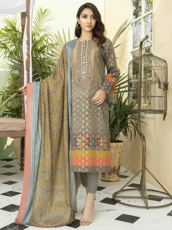 Embroidered Jacquard-Shirt Chiffon Dupatta-Beige